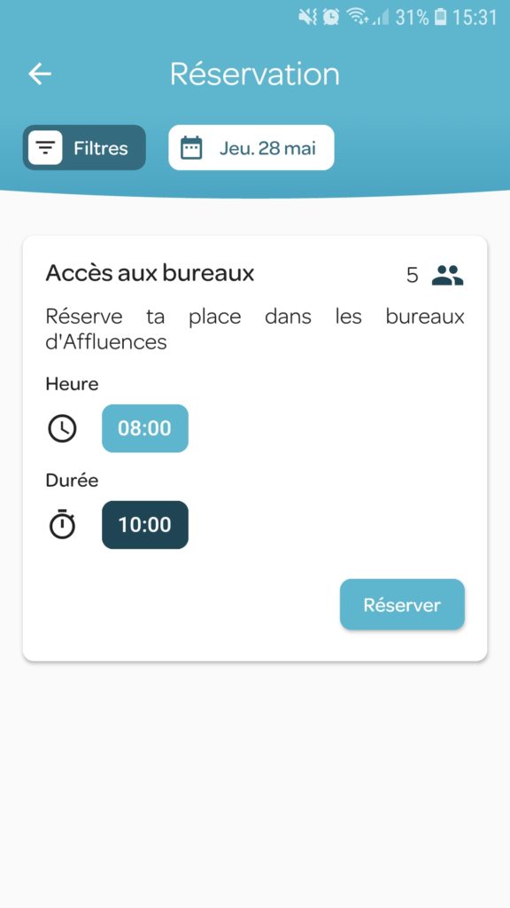 La page de nos bureaux sur l'application mobile Affluences pour réserver sa place